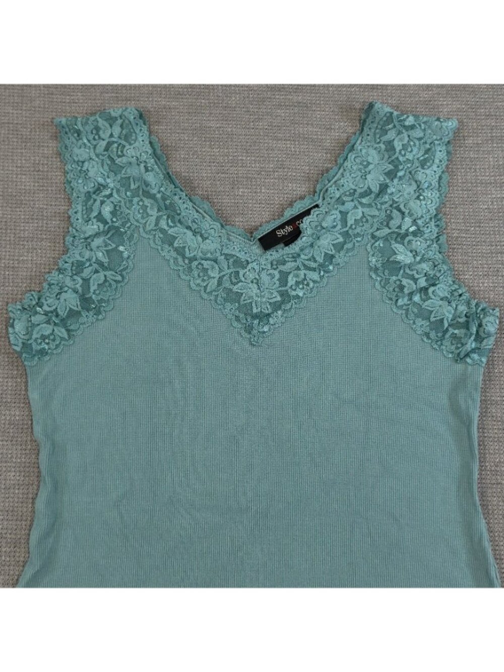 Style & Co Lace Trim Tank Top Womens Size M Teal V-Neck Stretch Rayon Layering - Picture 5 of 11